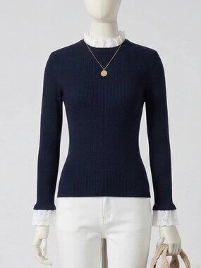 Tuckernuck Navy Ribbed Sweater with Eyelet Lace Trim – Size M